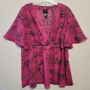 Torrid Pink and Black Flutter Sleeve Wrap Blouse